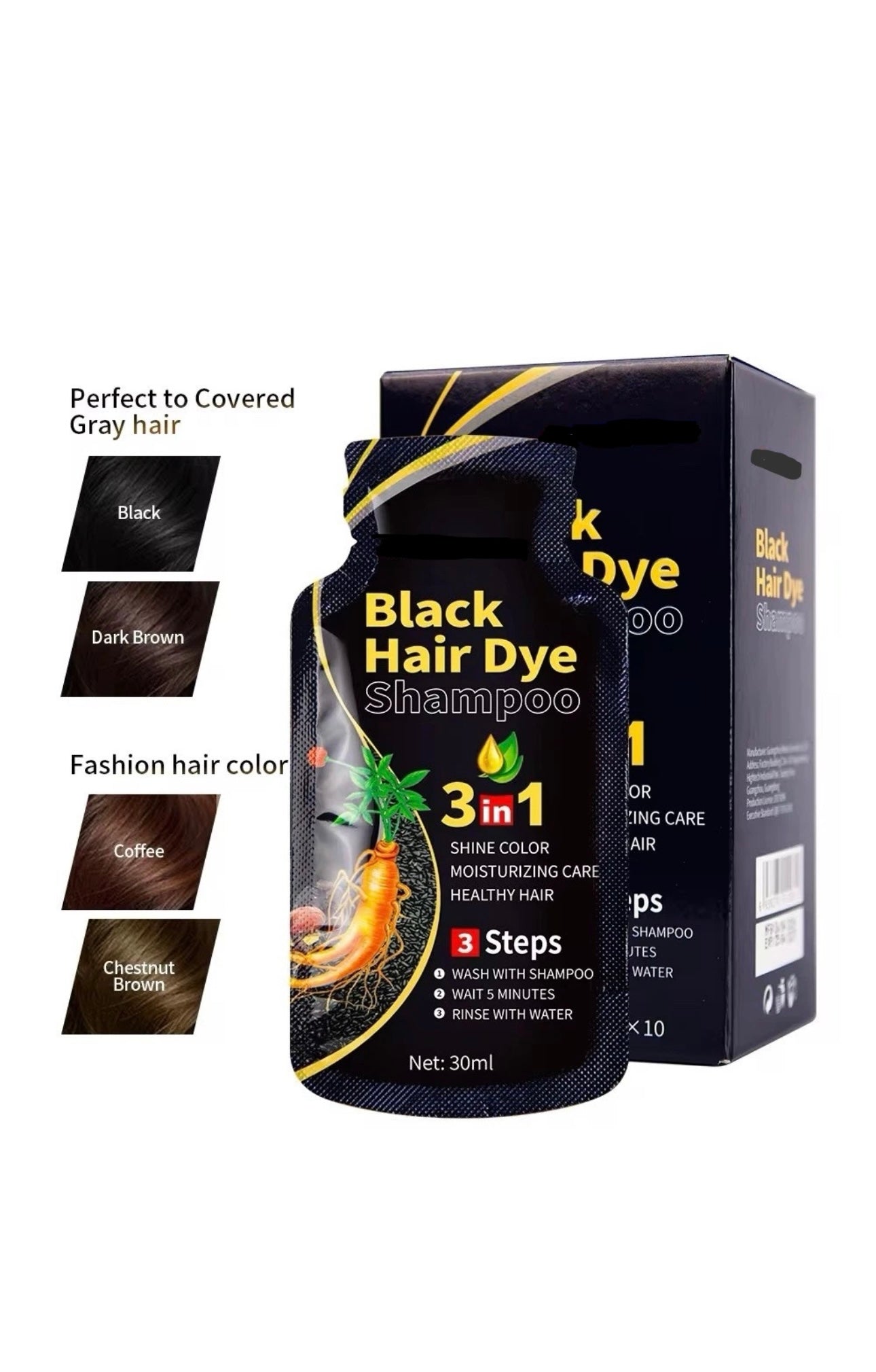 Hair Dye Color Shampoo for Gray Hair, 30ML X 10 Black Hair Dye Shampoo Men/Women