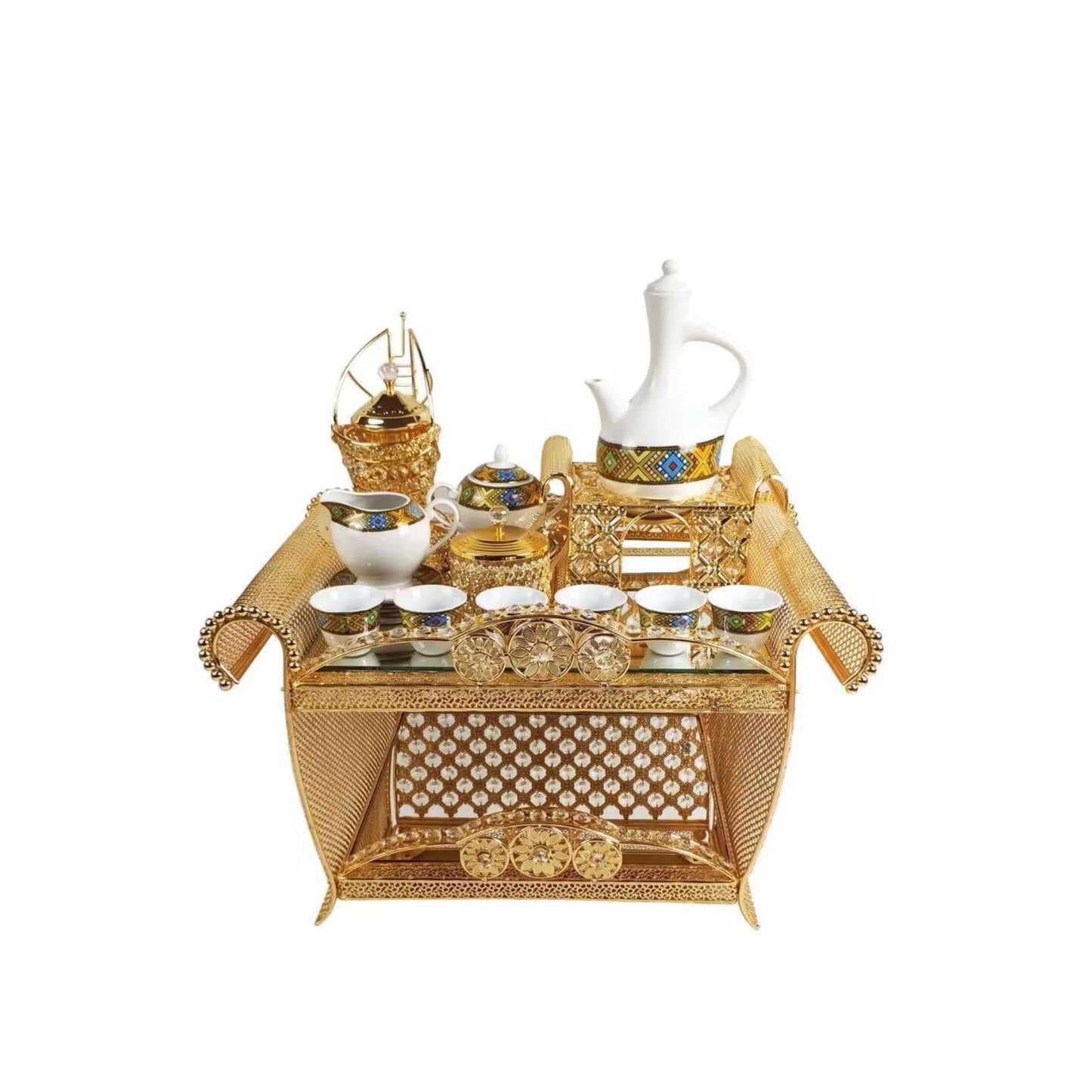 Traditional Eritrean | Ethiopian | Arabs Coffee Table Set, Rekebot Rectangular Shape Golden