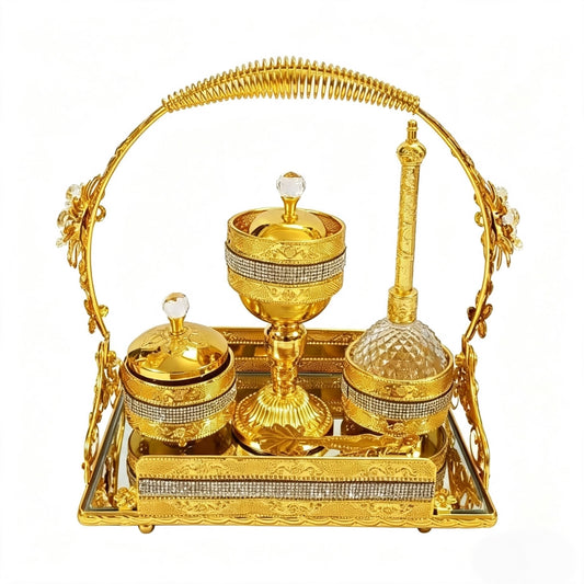 Fragrance Oil Burner Glass Bottle Luxury & Style Gold-Plated Decorative Design with Sparkling Accents & Elegant Gold Handle