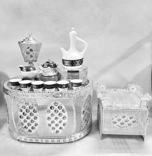 Traditional Ethiopian | Eritrean | Arabs Coffee Table Set, Rekebot Oval Shape Silver