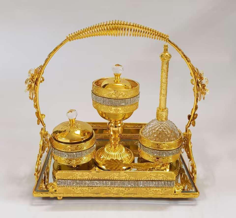 Fragrance Oil Burner Glass Bottle Luxury & Style Gold-Plated Decorative Design with Sparkling Accents & Elegant Gold Handle