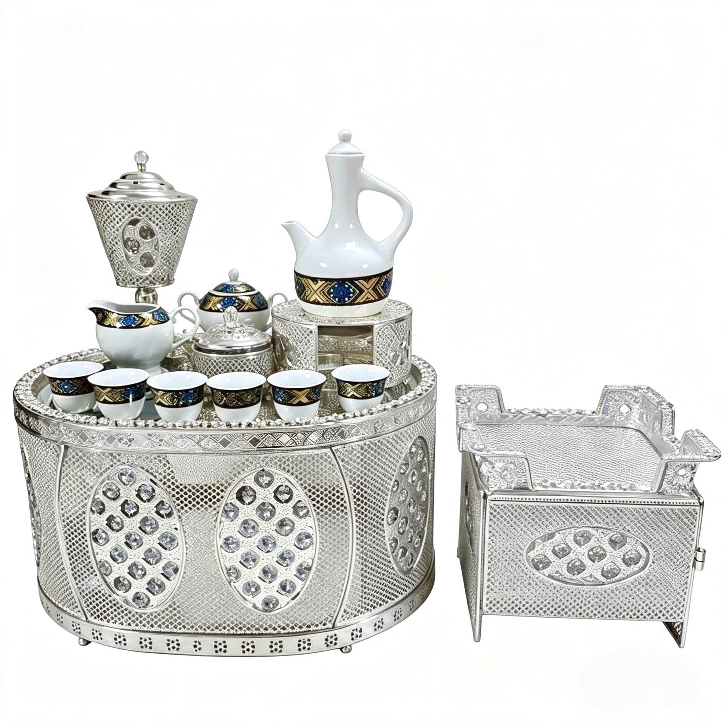 Traditional Ethiopian | Eritrean | Arabs Coffee Table Set, Rekebot Oval Shape Silver