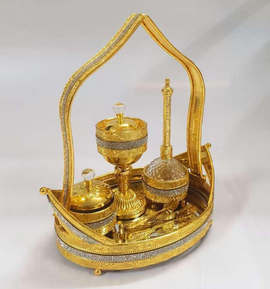 Fragrance Oil Burner Glass Bottle Luxury & Style Gold-Plated Decorative Design with Sparkling Accents Elegant Golden Basket