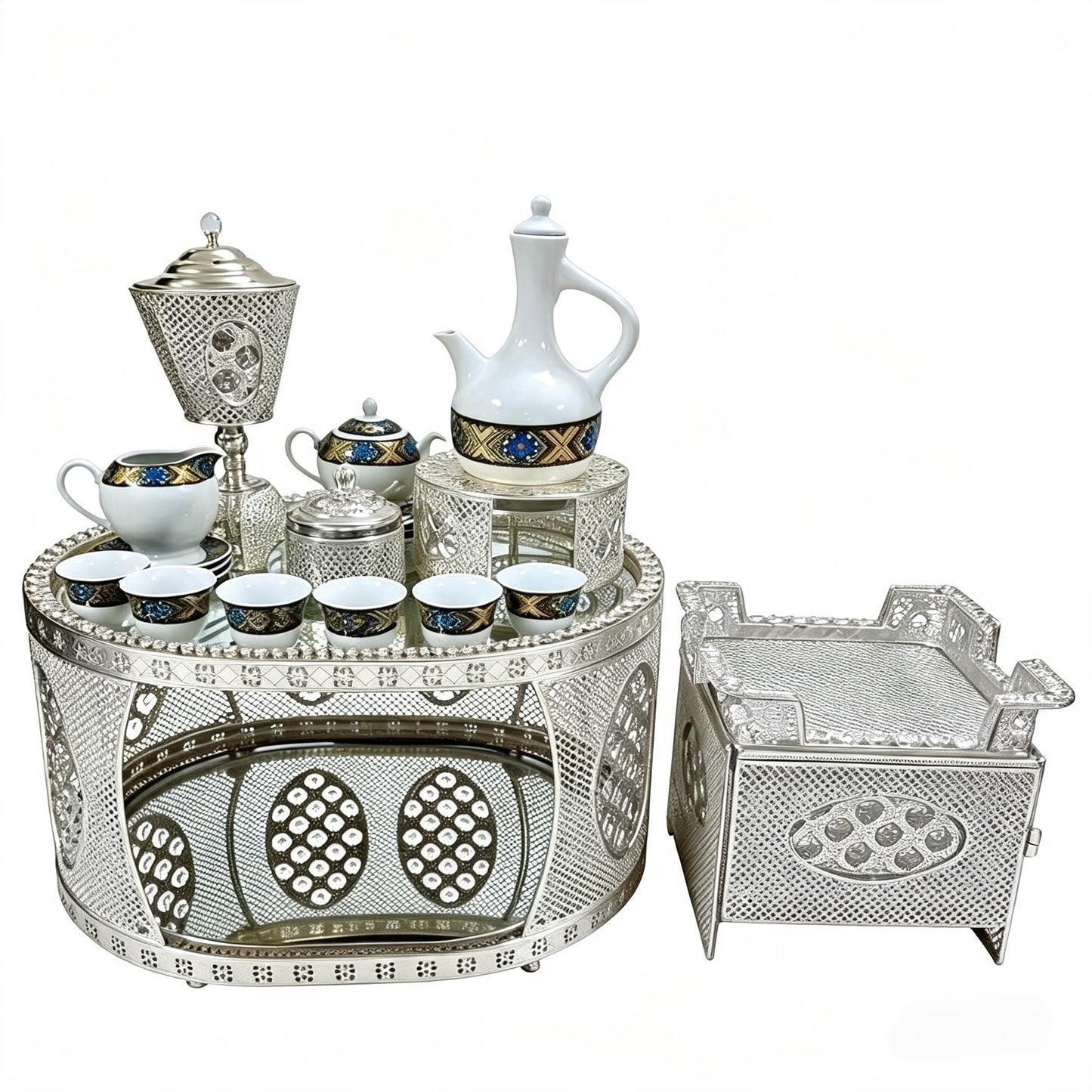Traditional Ethiopian | Eritrean | Arabs Coffee Table Set, Rekebot Oval Shape Silver