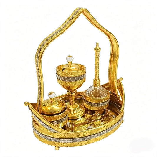 Fragrance Oil Burner Glass Bottle Luxury & Style Gold-Plated Decorative Design with Sparkling Accents Elegant Golden Basket