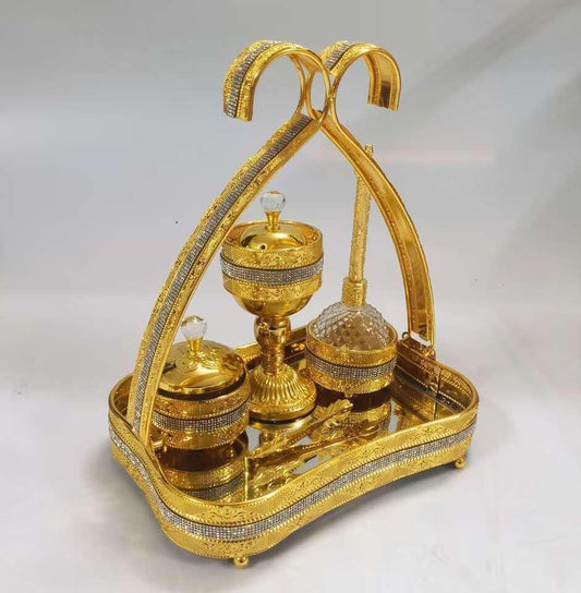 Fragrance Oil Burner Glass Bottle Luxury & Style Gold-Plated Decorative Design with Sparkling Accents Elegant Golden Basket